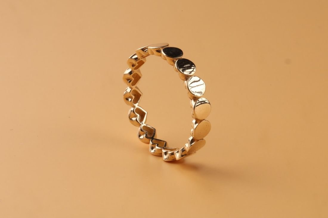 Gold band of alternating open hearts and discs